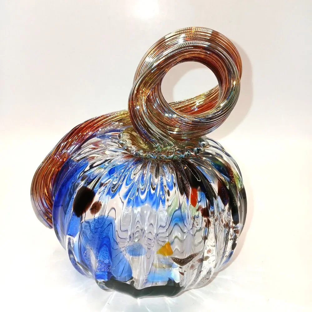 Studio Art Glass Signed Hand Blown  Pumpkin Sculpture Blue Black & Gold 5 in